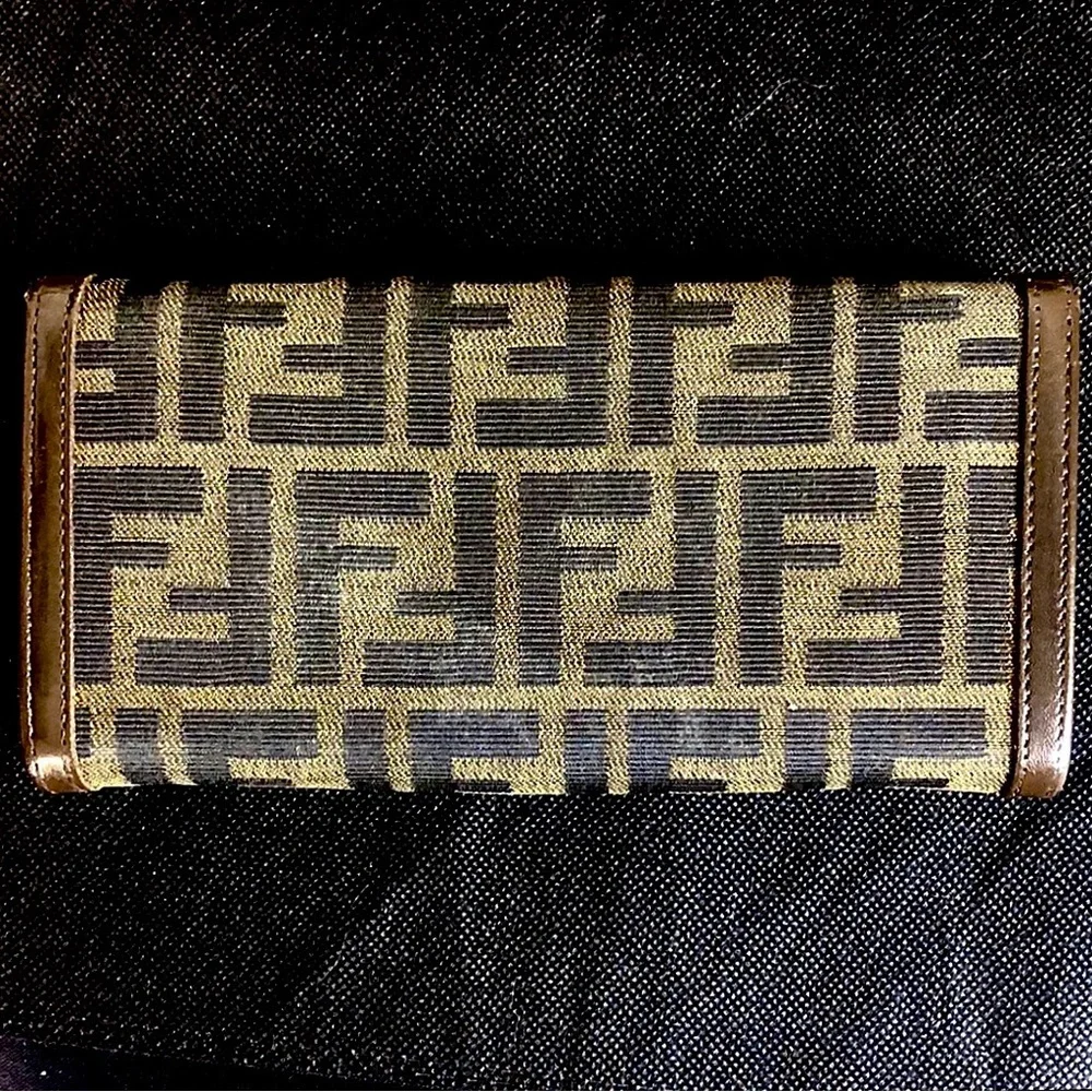 FENDI Zucca Navy Canvas and Brown Leather Snap Bifold Wallet